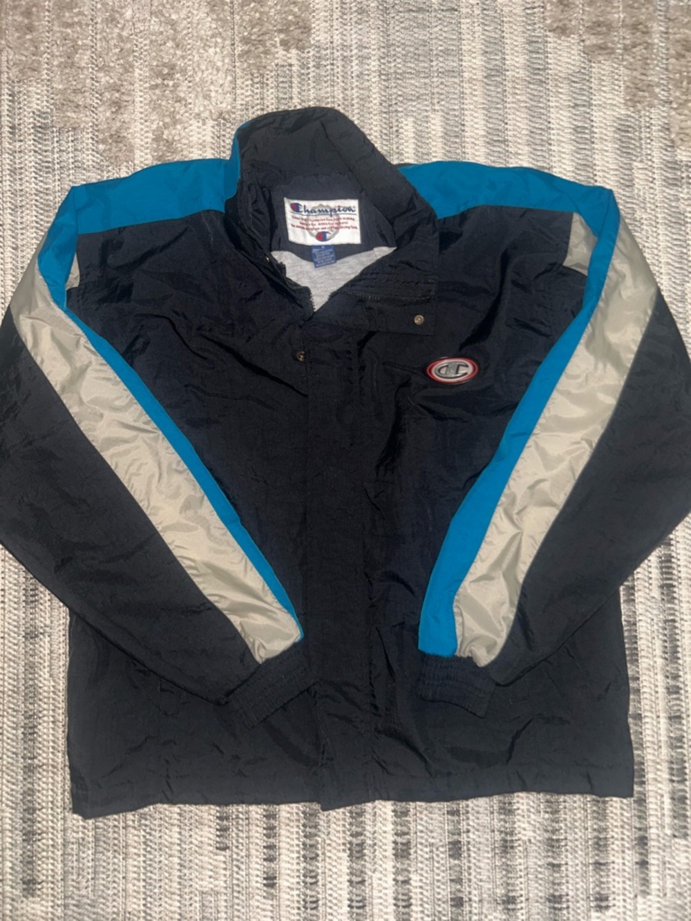 Mens Vintage Champion Rain Jacket Blue Gray Size Medium Windbreaker Zip Up